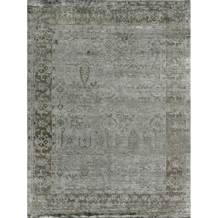 Antique'd Silk Oriental Area Rug in Green