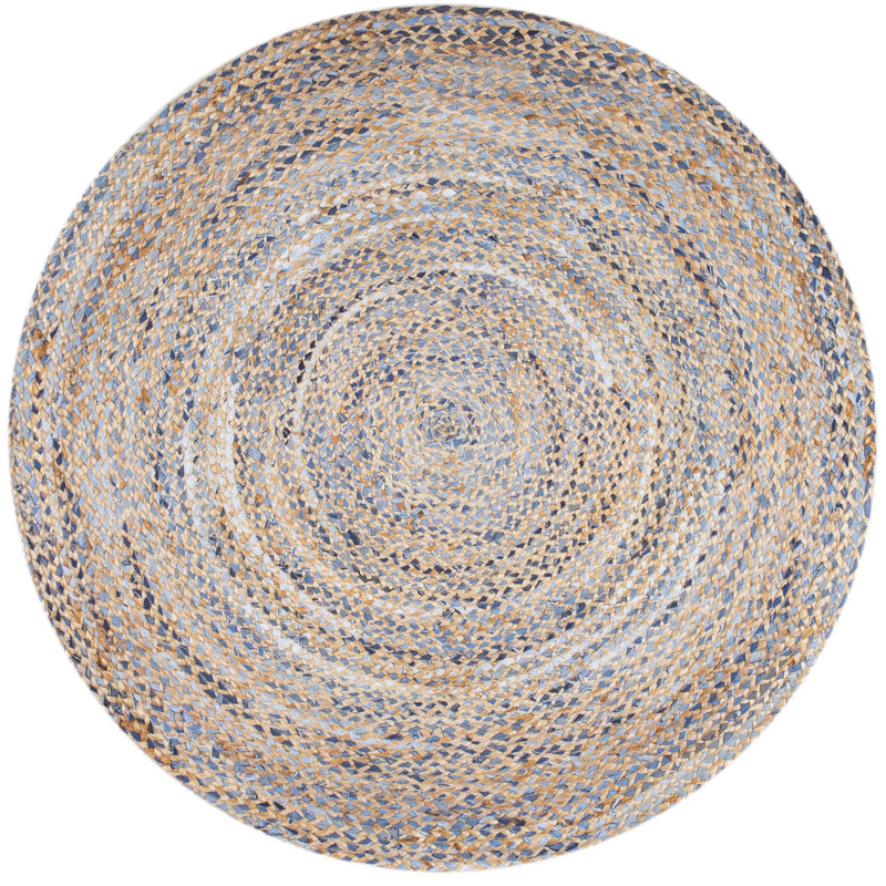 Tapis bleu / beige fabriqué à la main en jute et denim tressé Destrie, Rond 6 pi