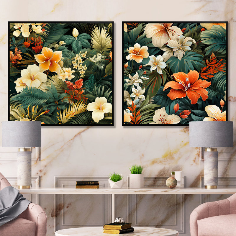 Loda - Ensemble de 2 décorations murales Bouquets assortis, H 36 po x l 73 po x P 1,5 po, Cadre noir