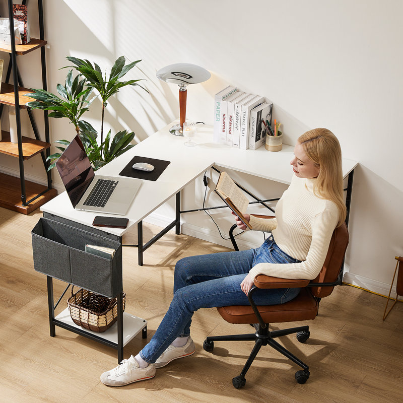Hussan L-Shaped Metal Base Computer Desk, White Stand