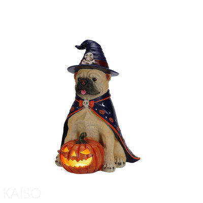 Halloween Bulldog Witch Statue, LED Light Up Jack-O-Lantern Pumpkin