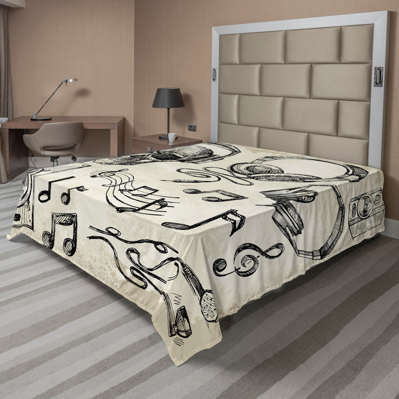 Ambesonne, croquis, plateau, plat, partition, hipster, crâne, beige, noir, Drap plat de taille double