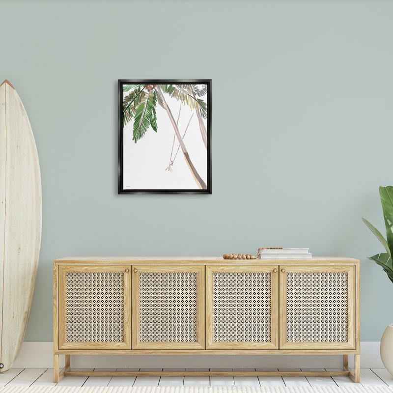 «Girl Swinging Tropical Palm Trees» par Amelia Noyes - impression, H 31 po x l 25 po x P 1,7 po, Cadre flottant noir de jais