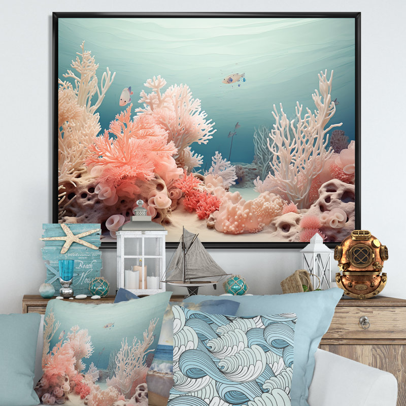 Coral Reef - rose et bleu - impressions sur toile, plage et océan, Cadre photo argenté, H 34 po x l 44 po