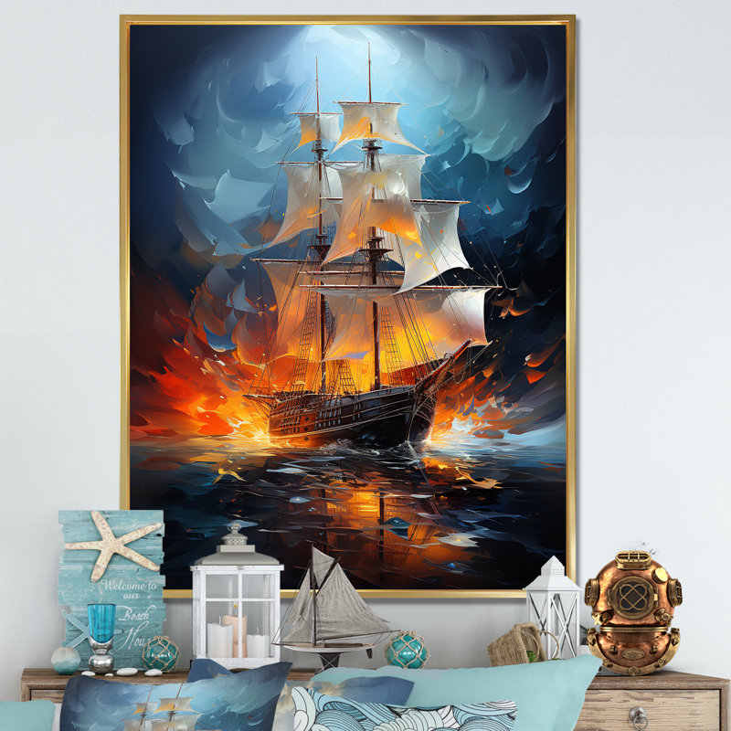 Venatici voilier abstrait symphonie maritime II, Cadre flottant doré, H 32 po x l 16 po x P 1 po
