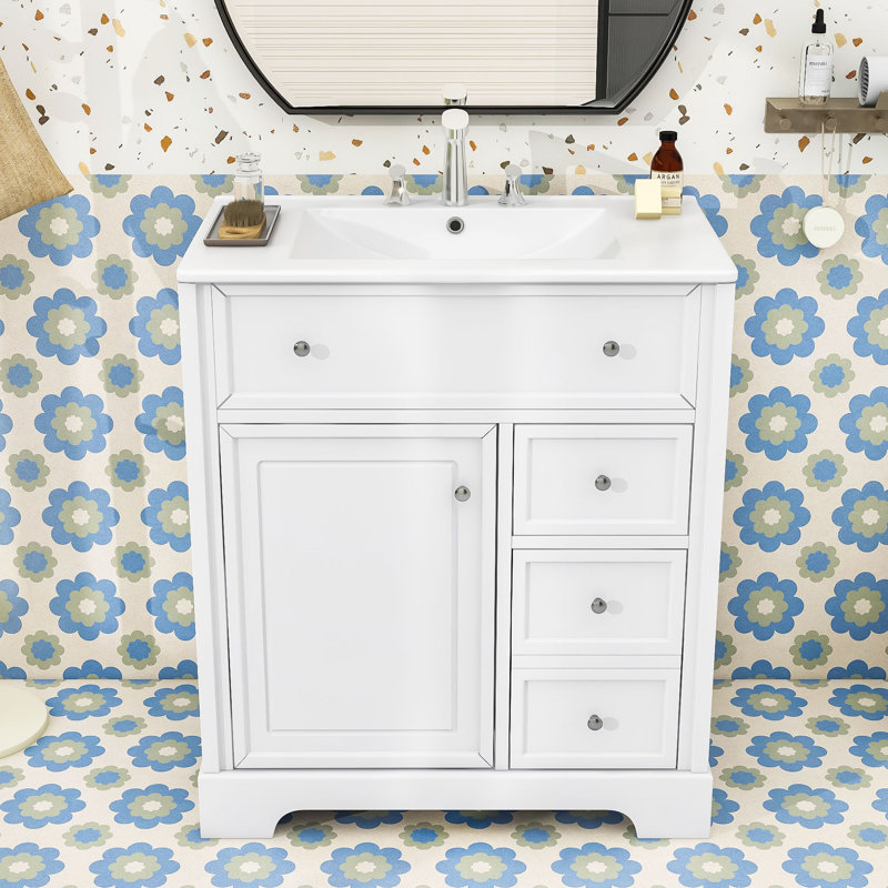 Armoire de salle de bain 2 tiroirs avec lavabo en céramique et armoire à fermeture en douceur, Blanc