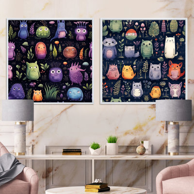 Cute Monsters Pattern For Kids Bedroom - Fantasy & Sci-Fi Square Collage Set Of 2