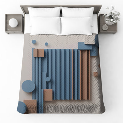 Blue Brown Geometric Abstract Quilted Bedspread All Sizes