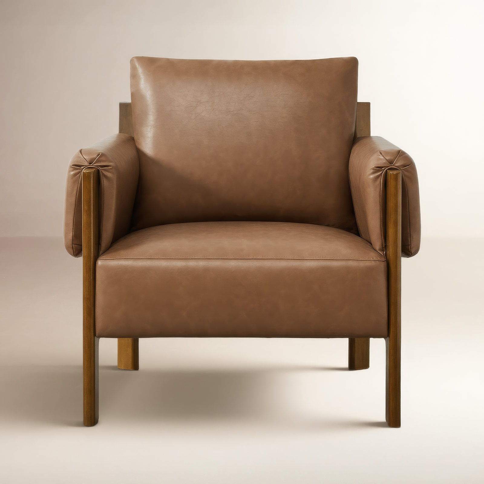 Accent Chair, Saddle Brown Pebbled Faux Leather, Walnut