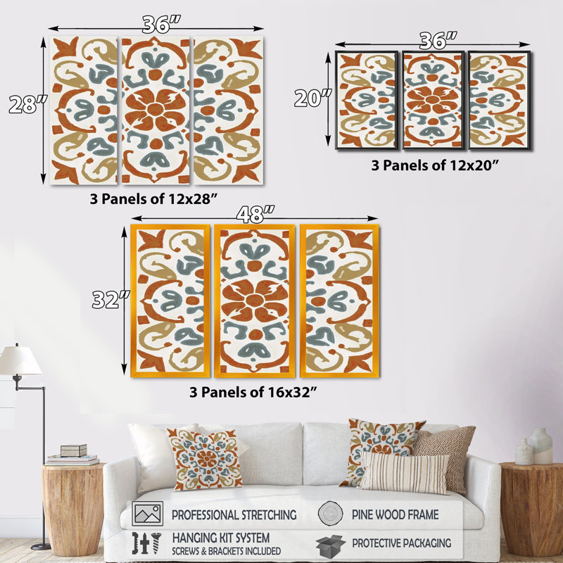 «Moroccoan Tiles in Earth Tones V», reproduction sur toile 3 pièces, H 28 po x l 36 po x P 1 po, Toile encadrée noire