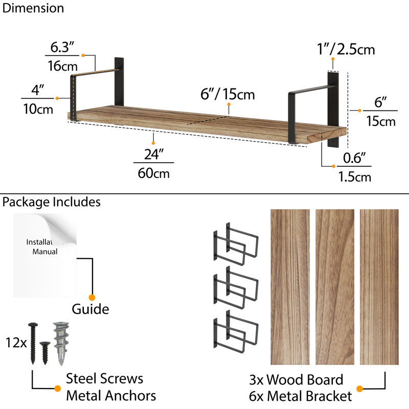 Ternate 3 Piece Bracket Shelf, Black, 6" H x 24" W x 6.3" D