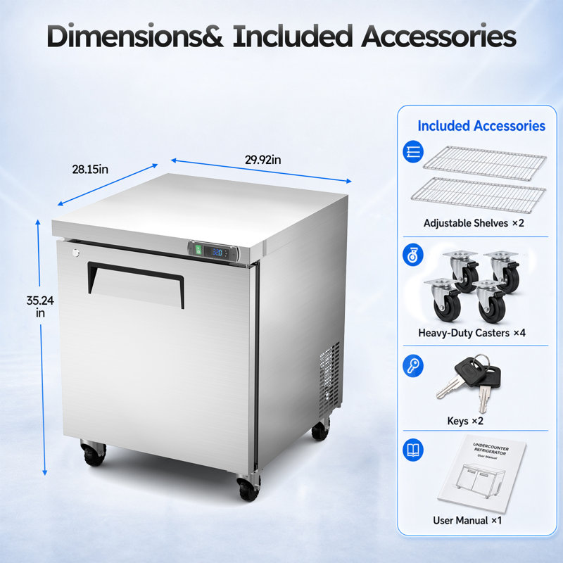 Réfrigérateur de comptoir 2 en 1 avec surface de préparation en acier inoxydable et capacité de stockage de 7,4 pi³, idéal pour les cuisines commerciales.