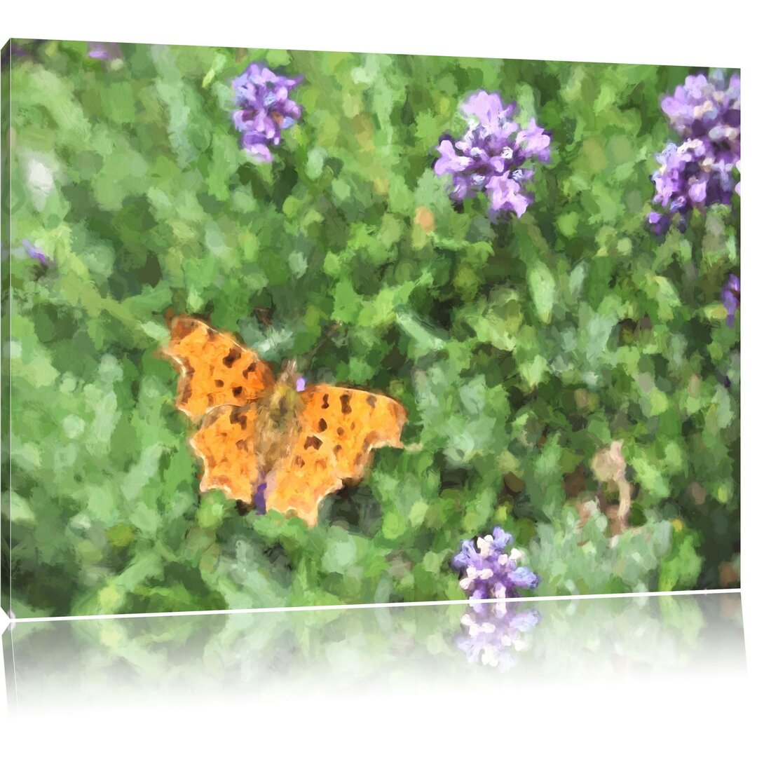 Leinwandbild Schmetterling auf Blumenwiese in Hellgrün/Gelb