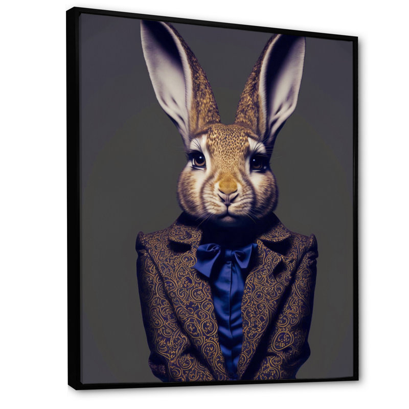 Fancy Rabbit In A Gray and Blue - Reproduction sur toile encadrée de lapin, H 32 po x l 24 po x P 1 po
