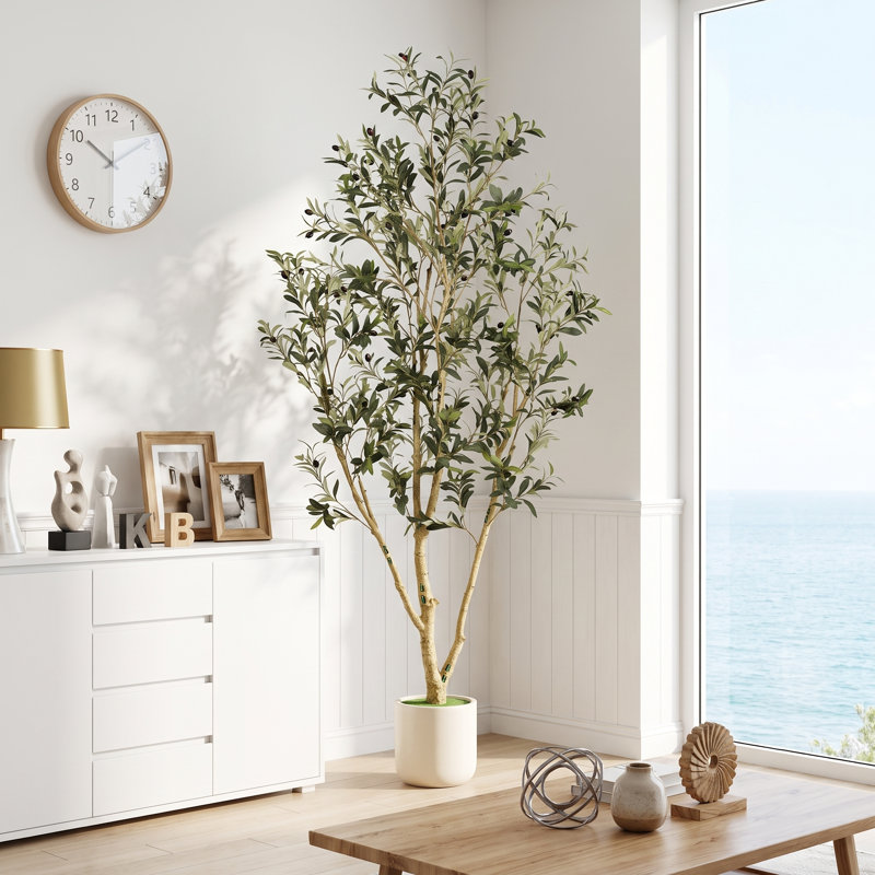 Olive artificielle de 7 pi avec pot à fleurs blanc, plantes artificielles pour la maison et le bureau, 84"x25"x25"