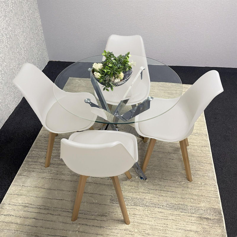 Round Glass Dining Table with Velvet Chairs - Dining Kitchen Room Furniture, Cream