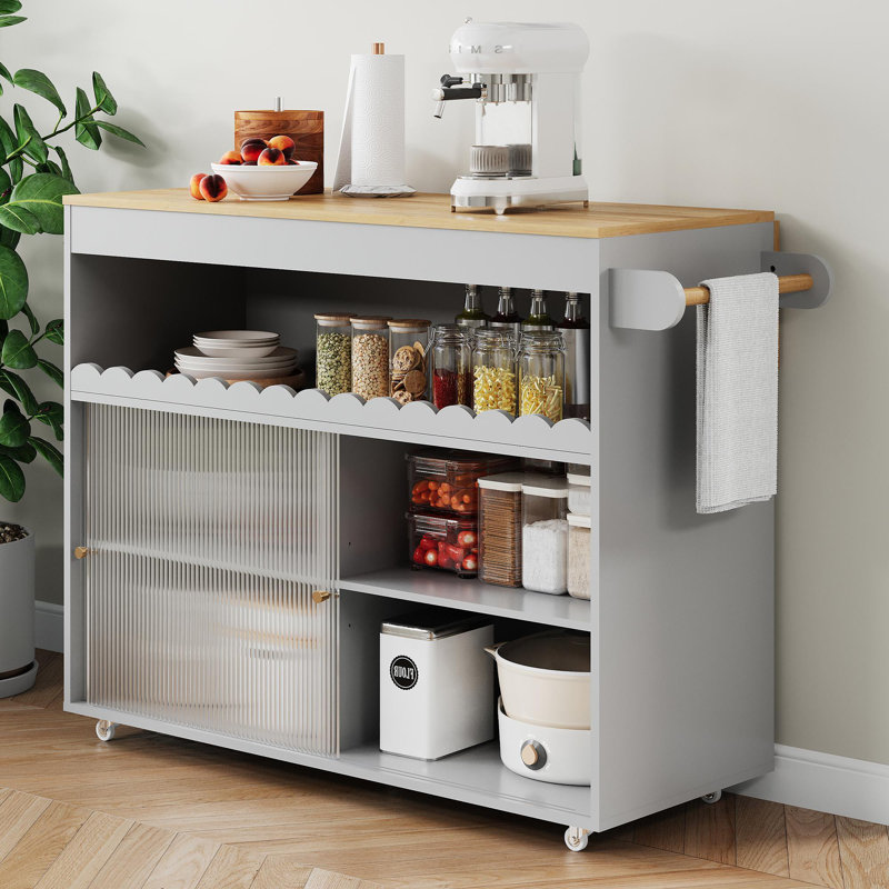 Kitchen Island With 3 Shelves And Sliding Doors, Grey