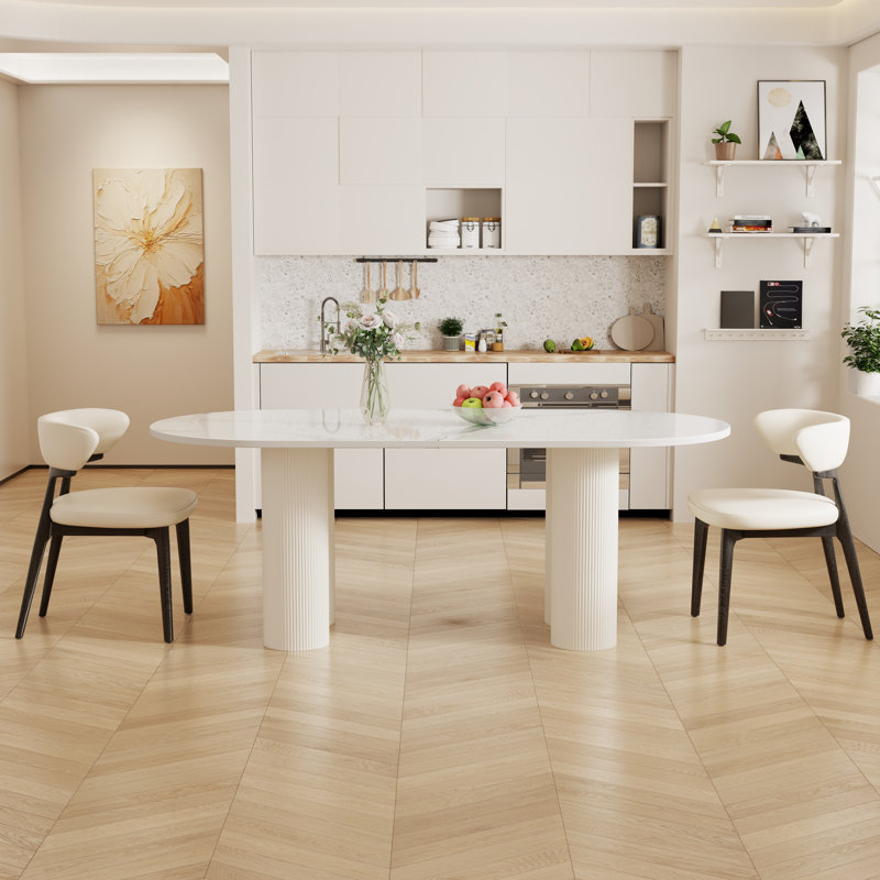 Jamani 71" Modern Oval Dining Table for 6, Glossy White Sintered Stone table top, Stable Wood Legs, Cream, White