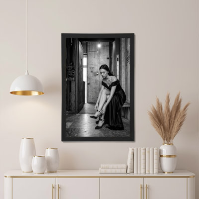 Woman in Black Satin Gown Adjusting Heels in Elevator Canvas Wall Art