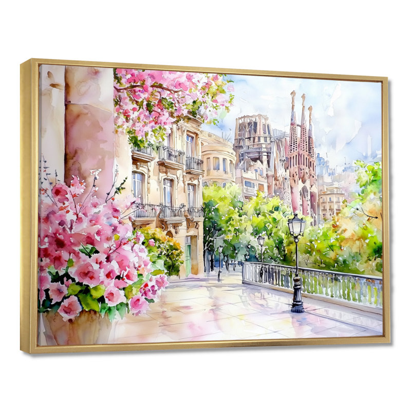 Décoration murale Barcelone en été I - Barcelone, H 12 po x l 20 po, Impression dans un cadre flottant sans passe-parto, Doré