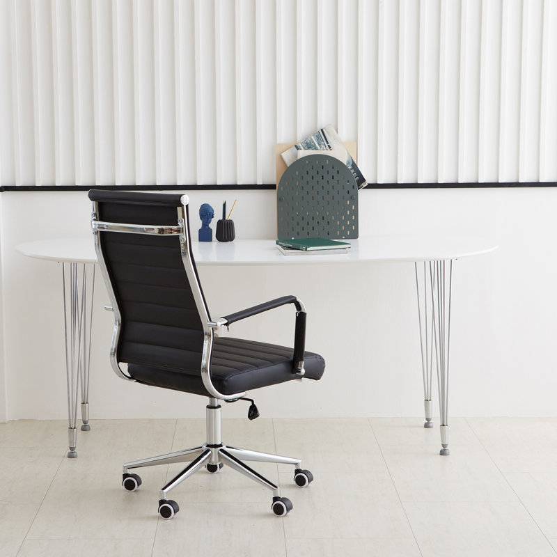 Fauteuil de bureau ergonomique pivotant avec dossier en cuir côtelé, Chrome chrome, Noir