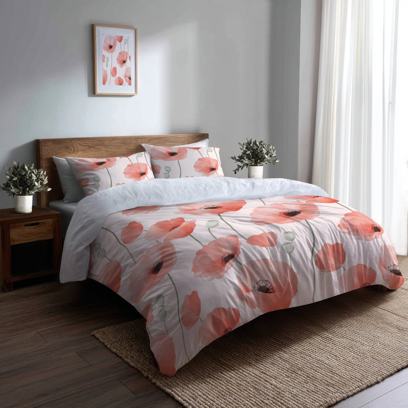 Ensemble de literie 3 pièces French Country - Ensemble de housse de couette et de coussin Floral Blush Poppies