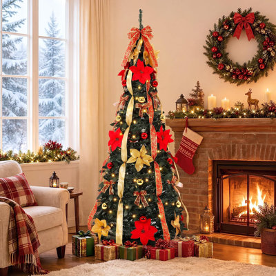 6 FT Pop-Up Pre-Lit Artificial Christmas Tree, Collapsible Xmas Tree with 200 Warm LED Lights, 8 Light Modes, Pre-Decorated Red Gold Ornaments for Holiday Decor