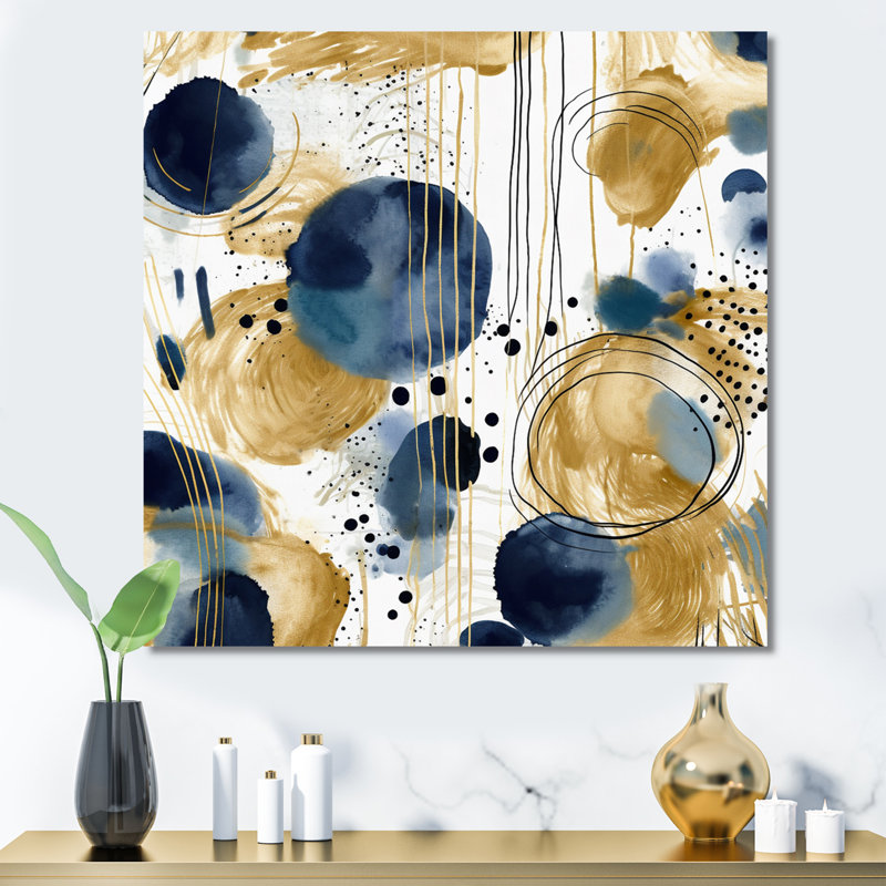 Motif abstrait avec textures bleues et dorées VII sur toile, H 24 po x l 24 po x P 1 po, Toile tendue