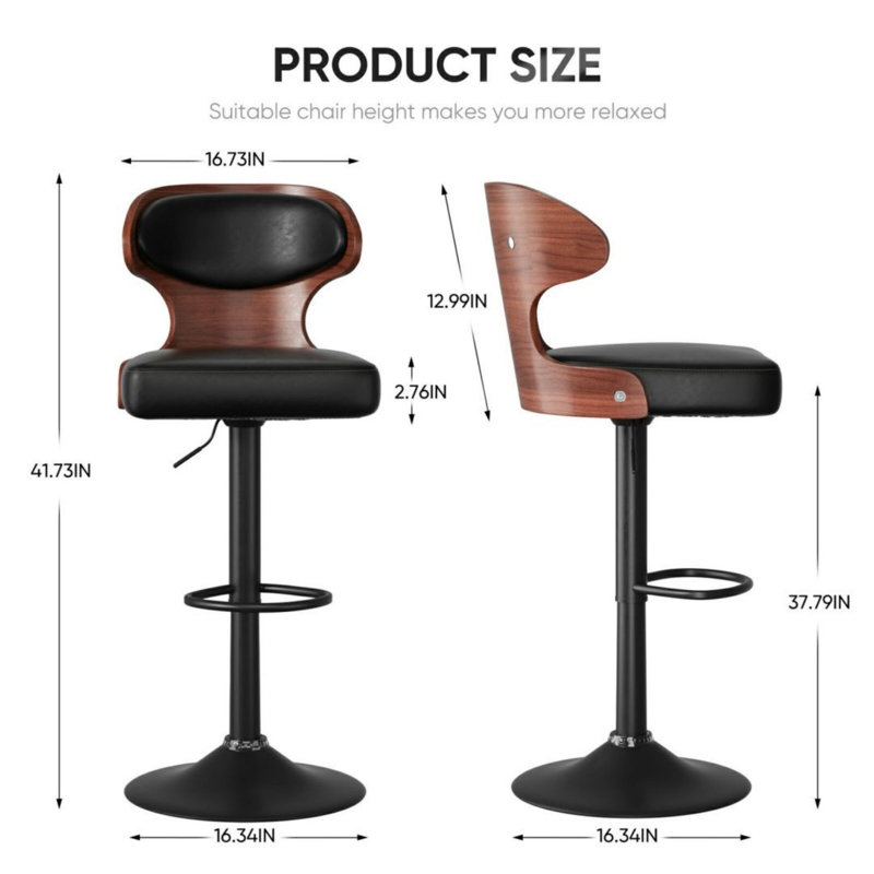 Tabourets de bar pivotants à hauteur ajustable Sonja avec dossier et repose-pieds, Noir