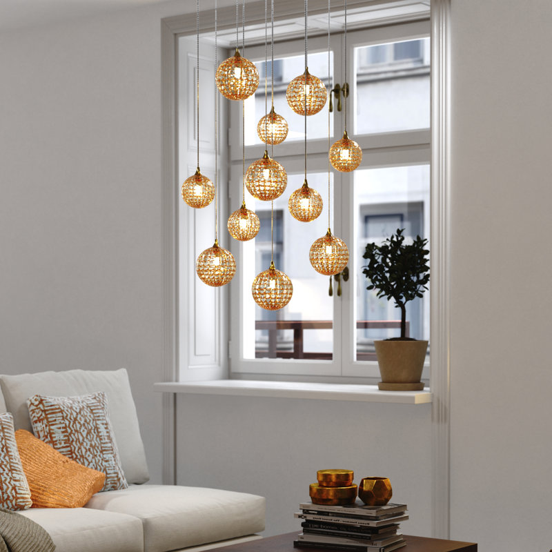Breeze 11 Amber Glass Pendants Chandelier, 120", Satin Nickel