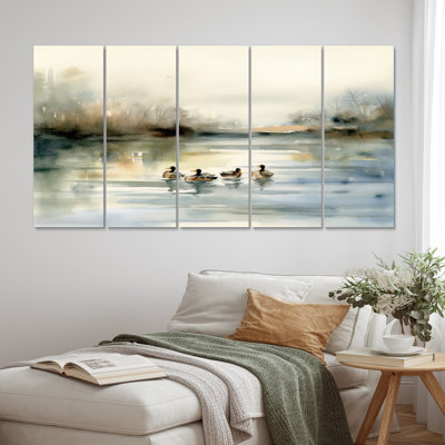 «Ducks In Pond II», reproduction sur toile - 5 panneaux égaux
