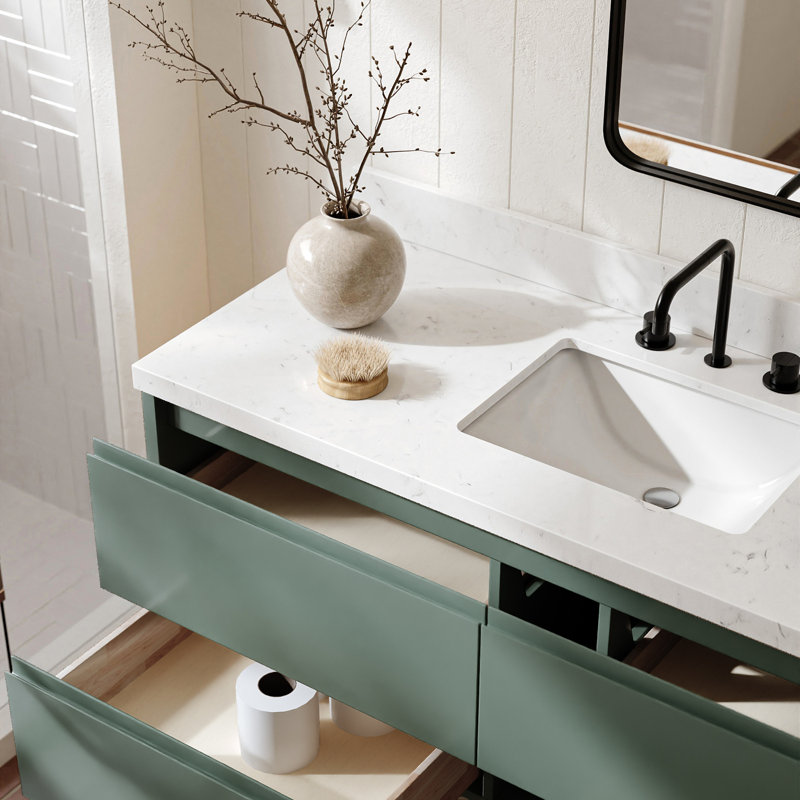   Ensemble de meuble-lavabo mural simple rectangulaire de 54 po avec comptoir à quartz blanc de Carrare, Ensembles de 54 po Ensembles