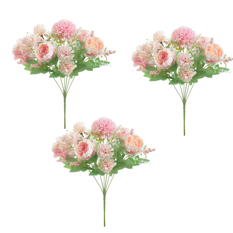 Ensemble de 3 bouquet de pivoines artificielles avec hortensias en soie et fleurs sauvages, Rose