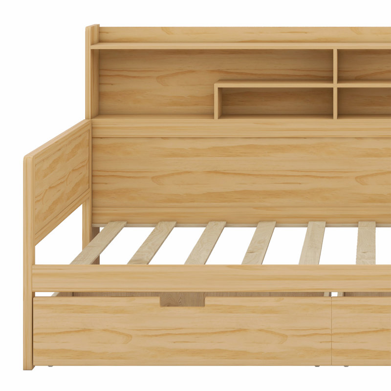 Lit de jour en bois avec tablettes de rangement, lit multifonctionnel avec deux tiroirs de rangement et bureau d'étude