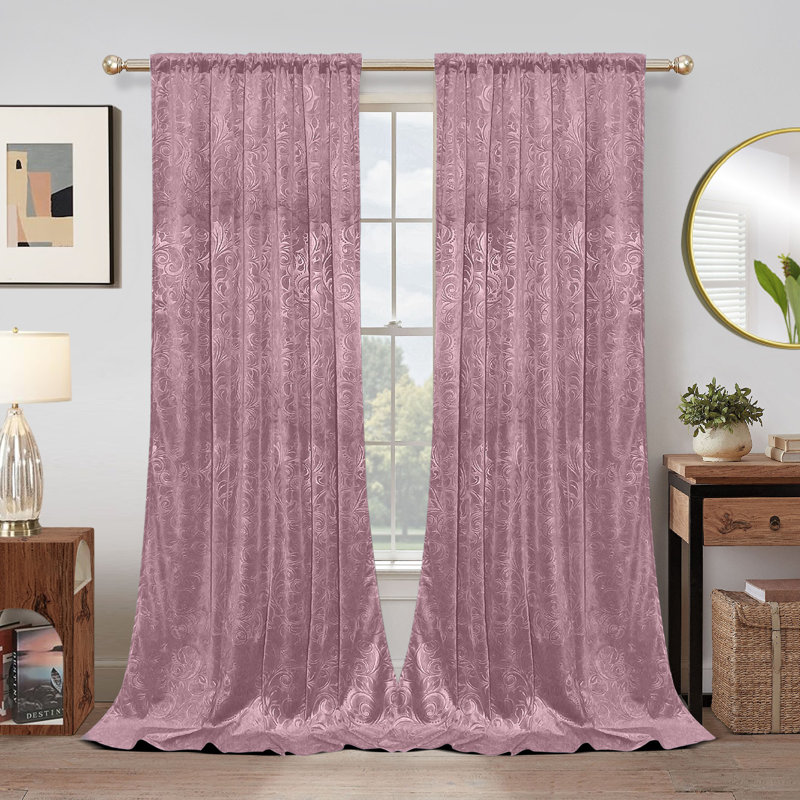 Rideaux occultant luxueux en velours à motif floral damassé et isolant thermique, L 52 po x L 96 po, Rose
