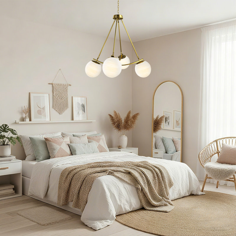 4-light 33"W Polished Brass Modern Chandelier for Dining Room, Feature Frosted Globe Glass Shade, Polished Brass