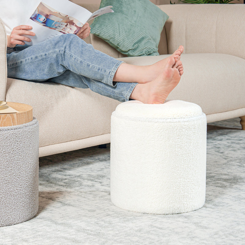 Cillin Storage Ottoman Round Boucle with Tray 14"x13"x13", White