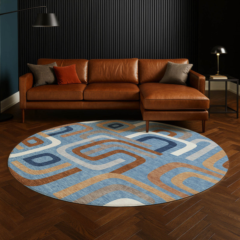 Tapis mid-century moderne lavable à la machine intérieur / extérieur Chantille ACN2551, En jean, Rond 8 pi