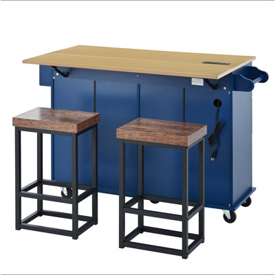 Farmhouse Kitchen Island with Drop Leaf and 2 Seatings, Kitchen Table Set with Storage Cabinet, Drawers, Door Shelves and Power Outlet