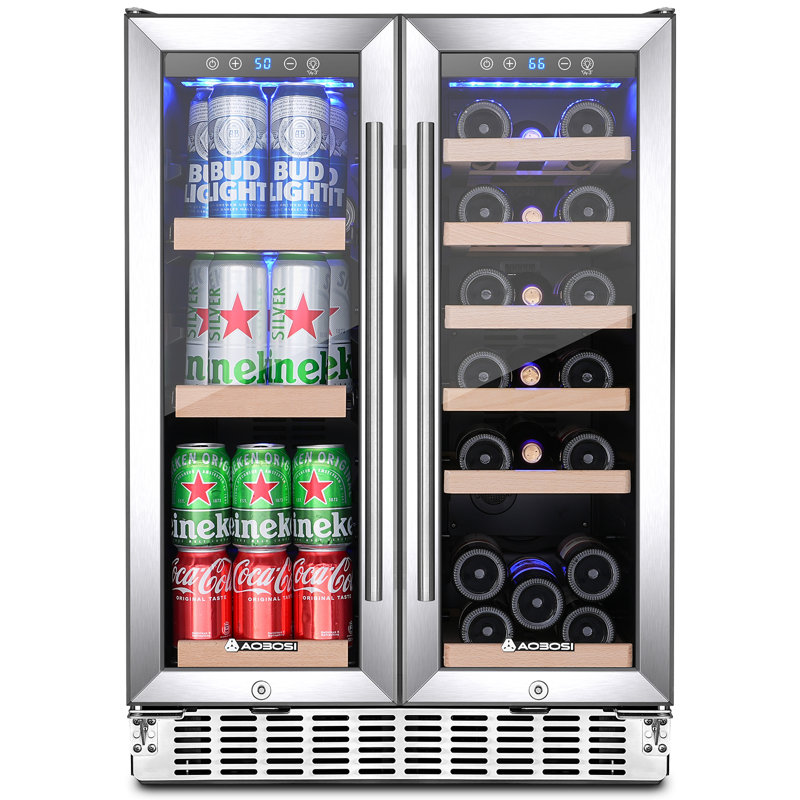 23.4" Dual Zone Wine Cooler, Built-in Or Freestanding, Holds Up To 19 Bottles, Stainless Steel Frame, Quiet Compressor, Touch Control & Led Lighting