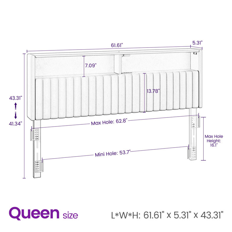 Berte Storage Upholstered Headboard With RGB LED Lights & Charging Station, Gray Linen, Queen