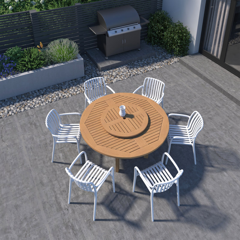 Ensemble repas d'extérieur en bois et chaises empilables Amazonia Lazy Susan, Blanc, 6
