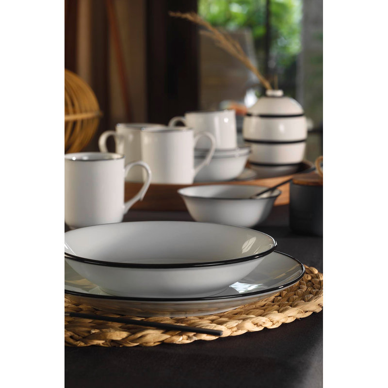Abreu Piece Porcelain China Dinnerware Set - Service for 4, White/Black