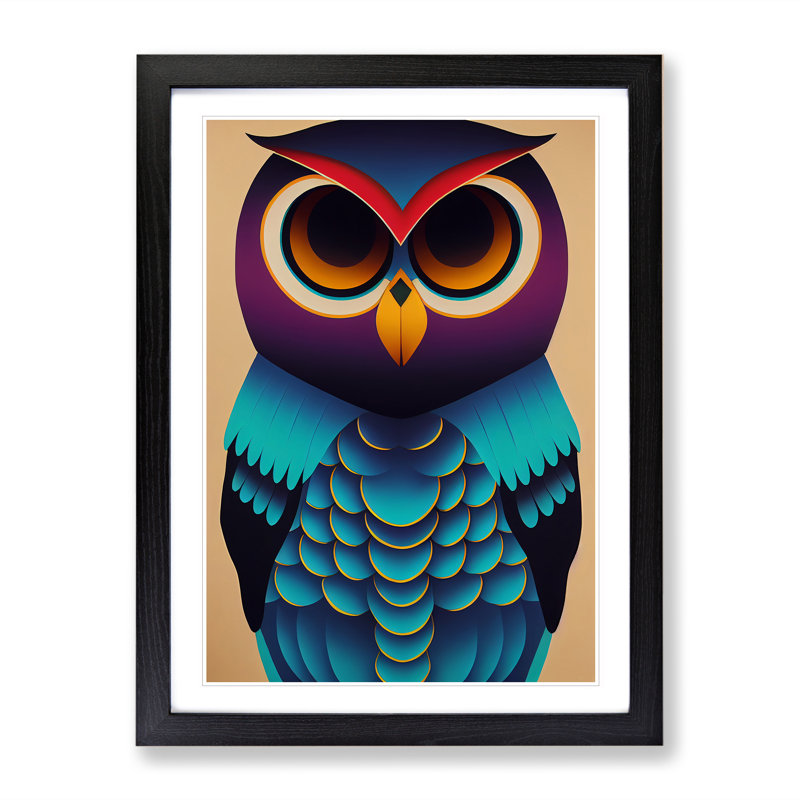 Colourful Owl No.5 Abstract - Single Picture Frame Print, Black, 64cm H x 46cm W x 2cm D