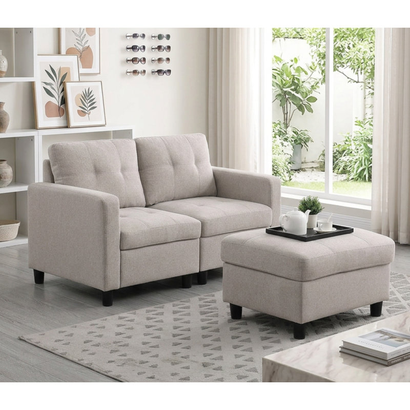 Kentrell 54"W Upholstered Loveseat with Ottoman, Light Gray Linen