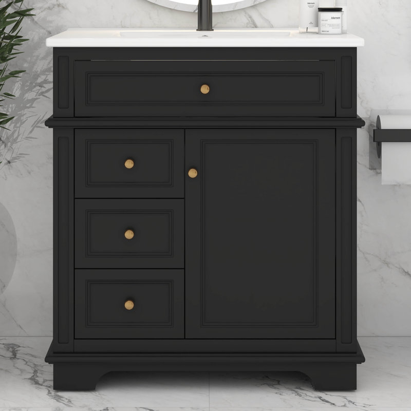 Meuble-lavabo de salle de bain 30 po avec lavabo, meuble-lavabo de salle de bain avec 3 tiroirs et tiroir coulissant, organisateur de porte, fermeture en douceur, structure en bois massif