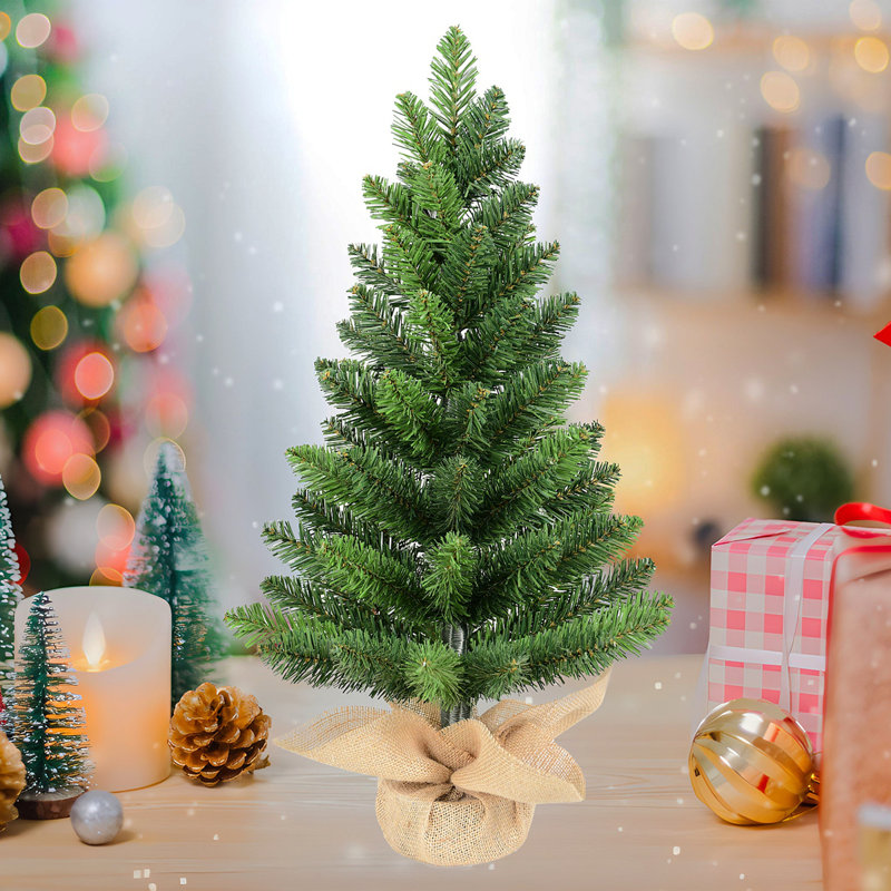 Ensemble de 2 arbres de Noël de table, petits arbres verts artificiels en PVC de 2 pi avec 68 pointes chacun, base en ciment en toile de jute, mini décorations des Fêtes pour bureau, table, bureau et décoration intérieure