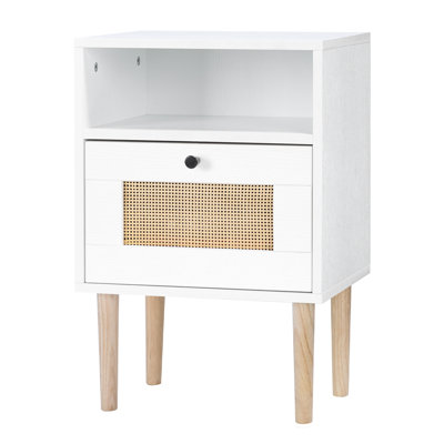 White Rattan Nightstand With Drawer & Open Shelf, Modern Bedside Table With Wood Legs