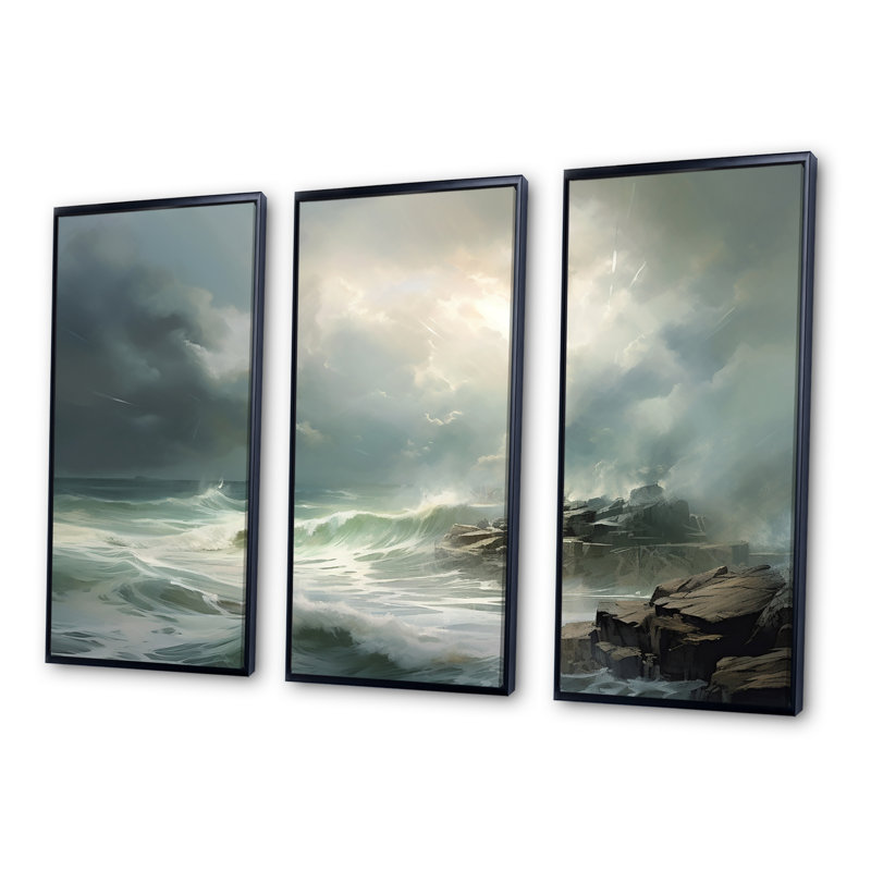 «Ocean Coastal Fury Storm» - ensemble d'art mural tempêtes, Cadre flottant noir, H 40 po x l 60 po x P 1 po