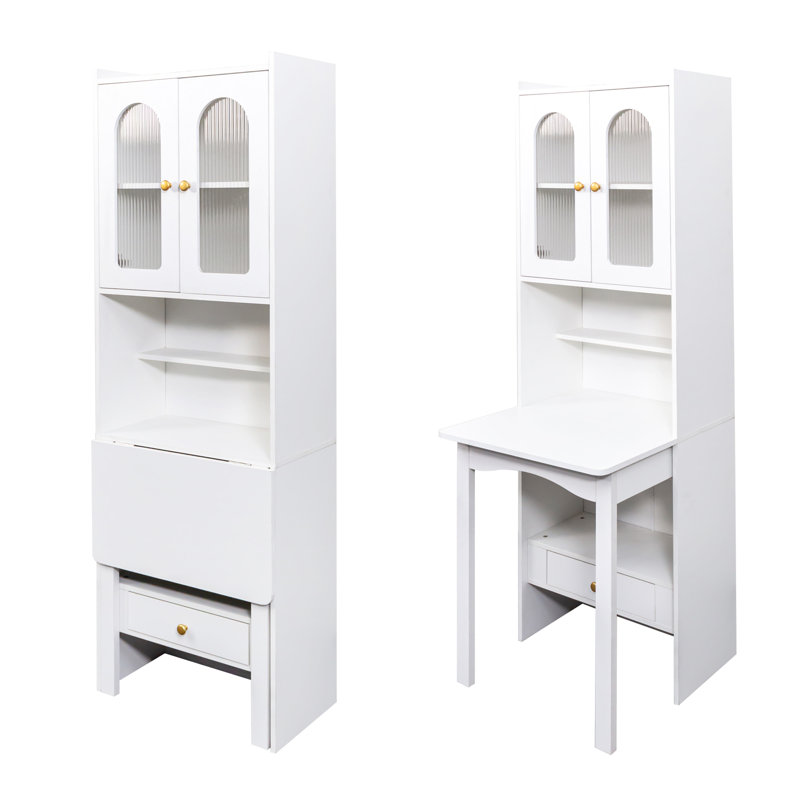 Multi-Function Desk Cabinet Fold-Out Convertible Writing Table With Shelves And Drawer, White